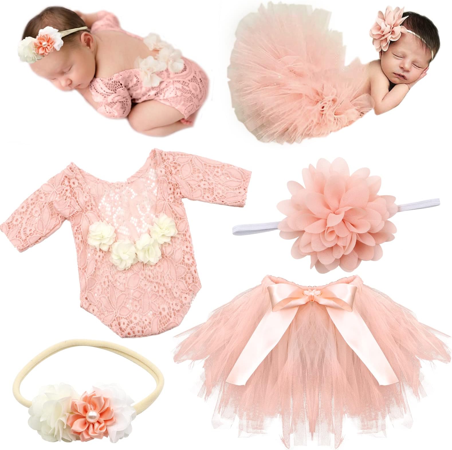SPOKKI 4 PCS Newborn Photography Props Outfits-BabyTutu Skirt Cute Bow Headdress and Lace Rompers Flower Headband Sets for Infants Girl Boy, Ph227-h, 0-12months