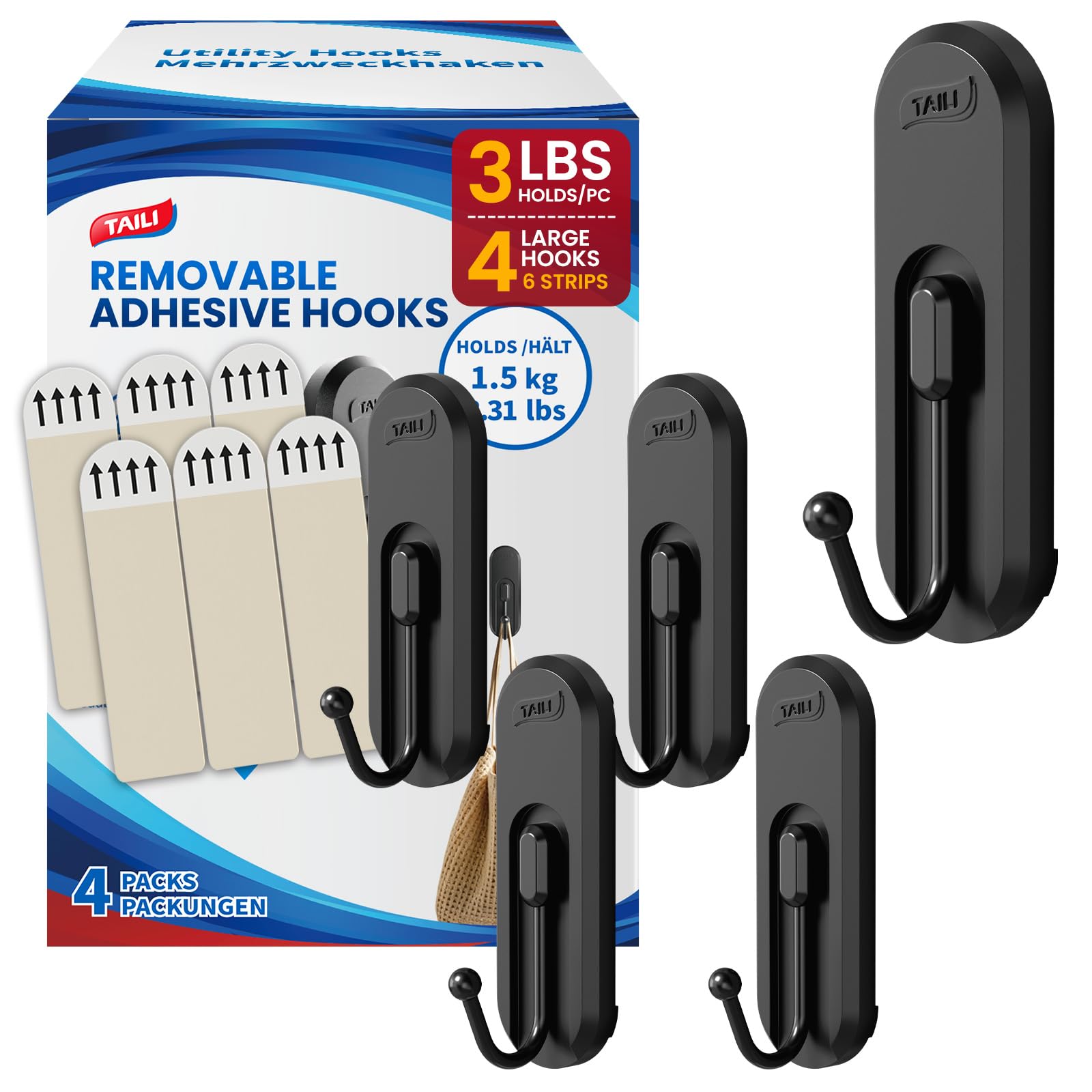 TAILI Adhesive Large Hooks for Hanging, 4 Coat Hooks &amp; 6 Strips, Black