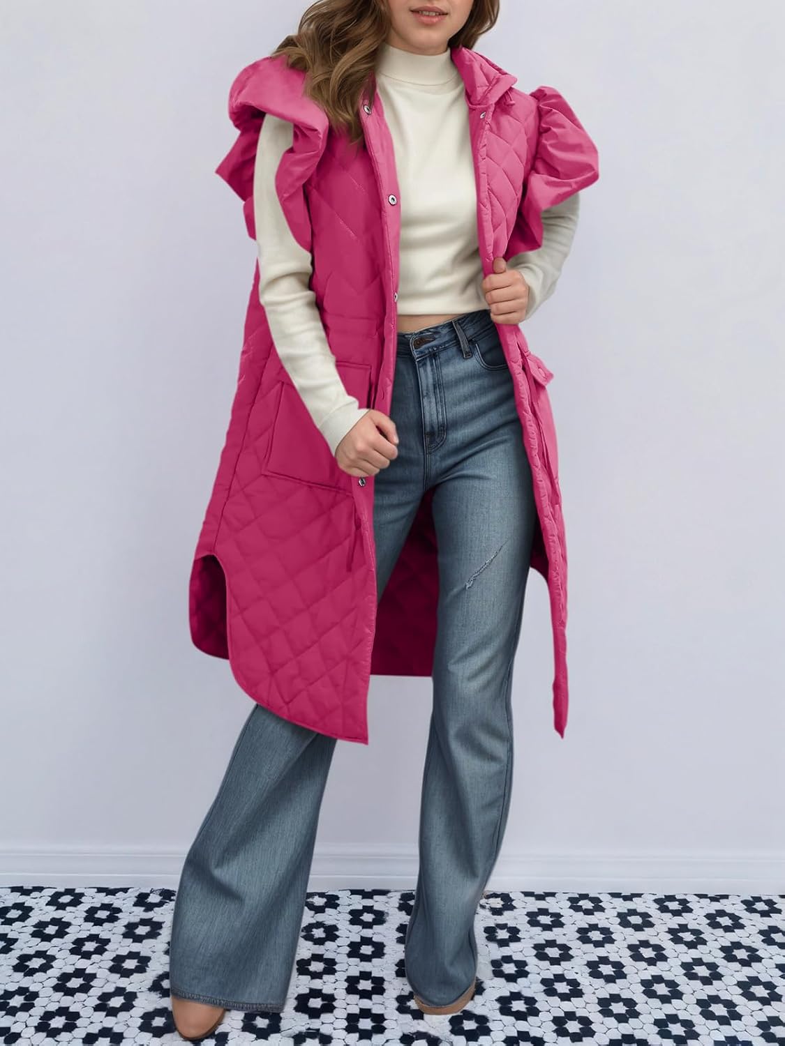 Tankaneo Womens Long Puffer Vest Ruffle Sleeve Winter Coats Hood Sleeveless Quilted Jackets Outwear - Image 4