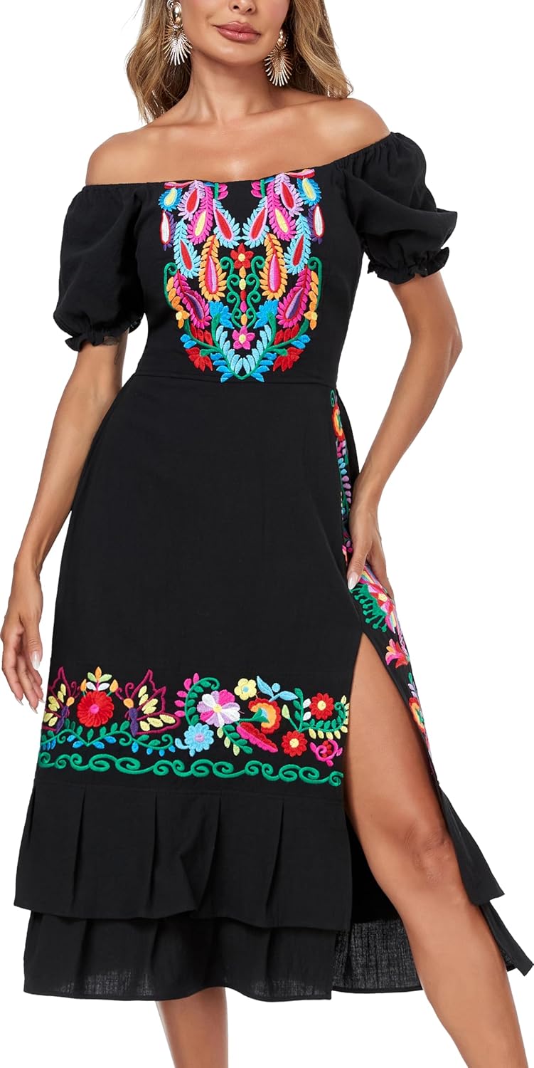 YZXDORWJ Mexican Dress for Women Boho Embroidered Sexy Ruffle Maxi Dress Short Sleeve Summer Beach Wedding Party Dress