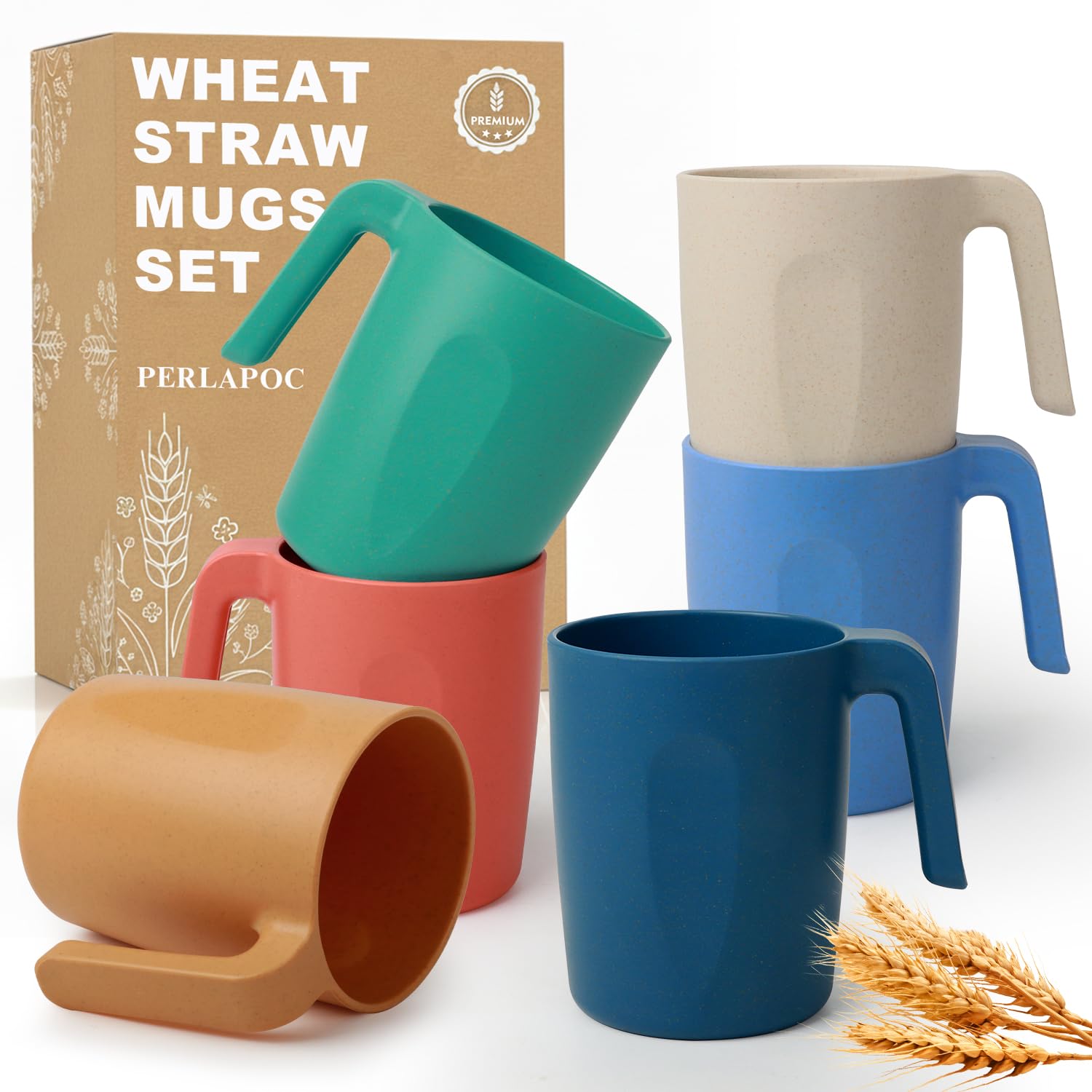 16 OZ Wheat Straw Cups Set of 6, Unbreakable Coffee Mugs, Colorful