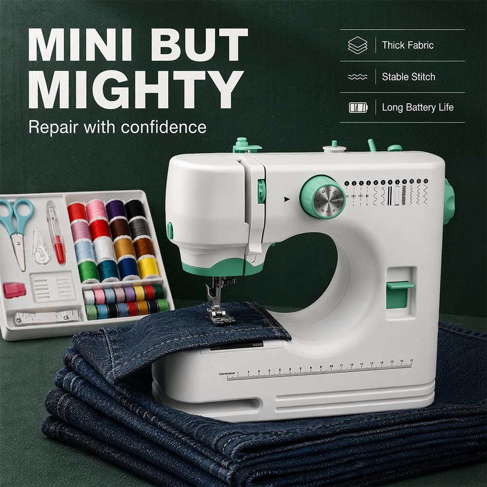 LOMUG Máquina de coser eléctrica, mini máquina de coser portátil para principiantes y uso doméstico, juego de máquina de coser con accesorios de costura, ideal para manualidades, ropa, fundas de