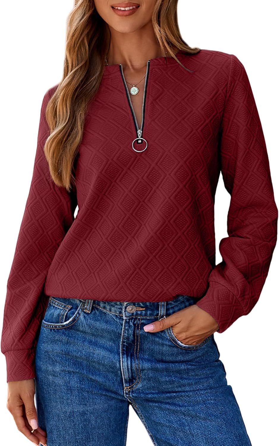 BLENCOT Sweatshirts for Women Crew Neck Long Sleeve Half Zip Quilted Pullover Tops Textured Solid Casual Fashion Fall Tops