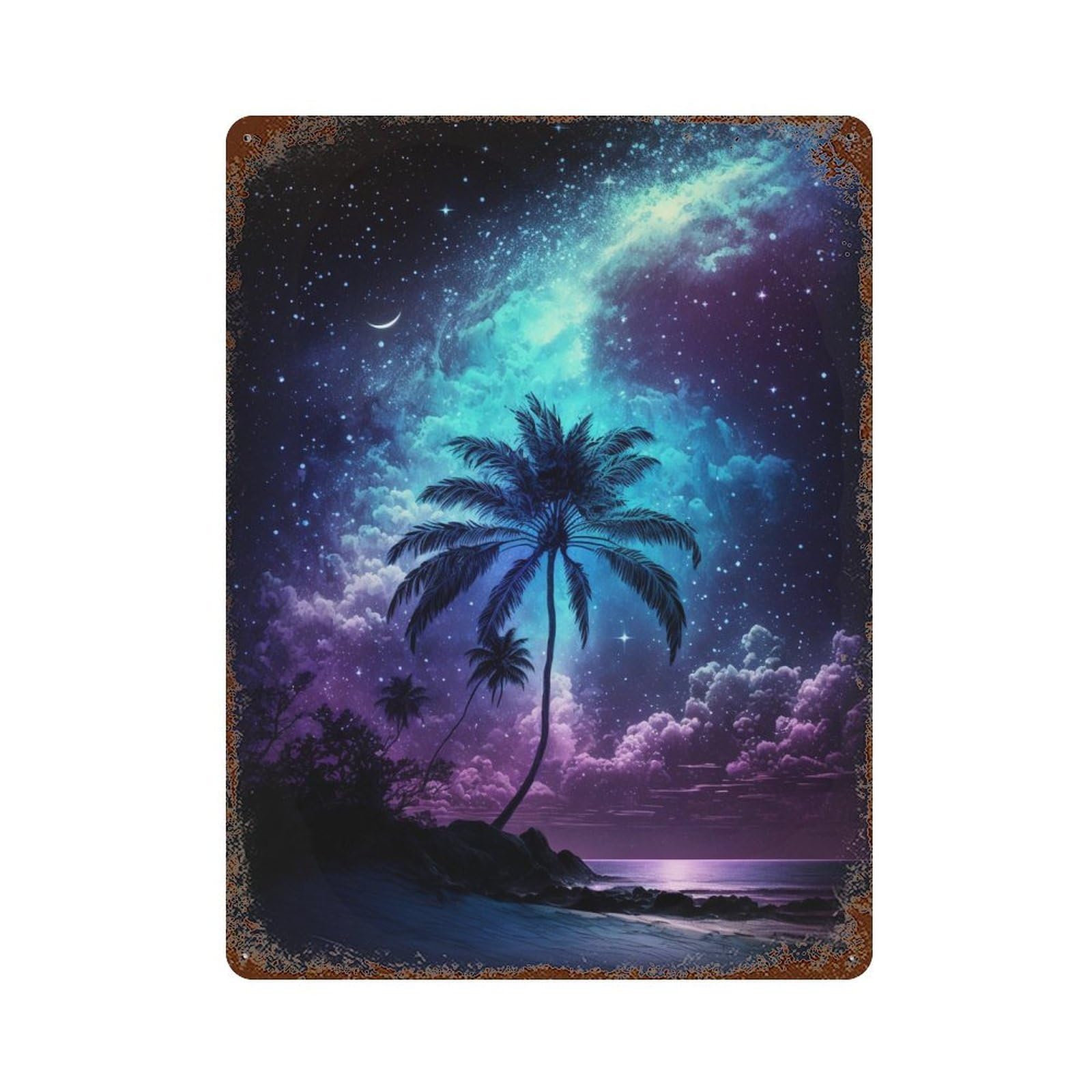 Galaxy Palm Beach Night 15.7"x11.8" Rust Effect Tin Sign, Vintage Wall Decor for Farmhouse, Kitchen And Entryway Decor