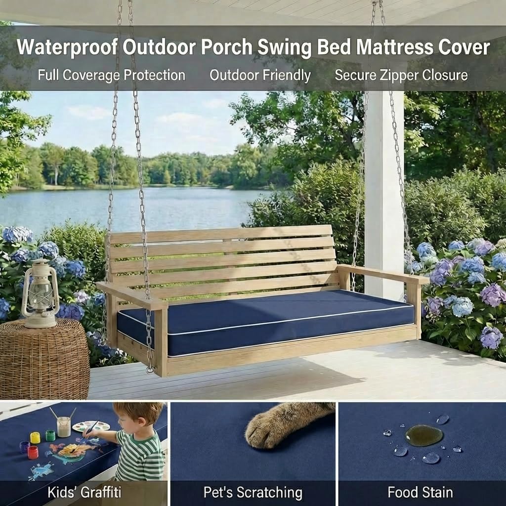 Outdoor Twin Porch Mattress Cover with Zipper, 6 Inch Waterproof Patio Daybed Fitted Sheet Cover, Anti-Fading Twin Bed Patio Swing Cushion Protector (Cushion not Included, Navy Blue)