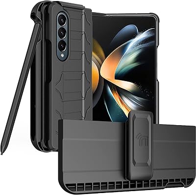 Case with Clip and S Pen Slot for Galaxy Z Fold 4 5G, Nakedcellphone Tactical Cover and Custom Belt Hip Holster Holder View Stand Combo for Samsung Z Fold4 Phone (SM-F936U, 2022) - Matte Black