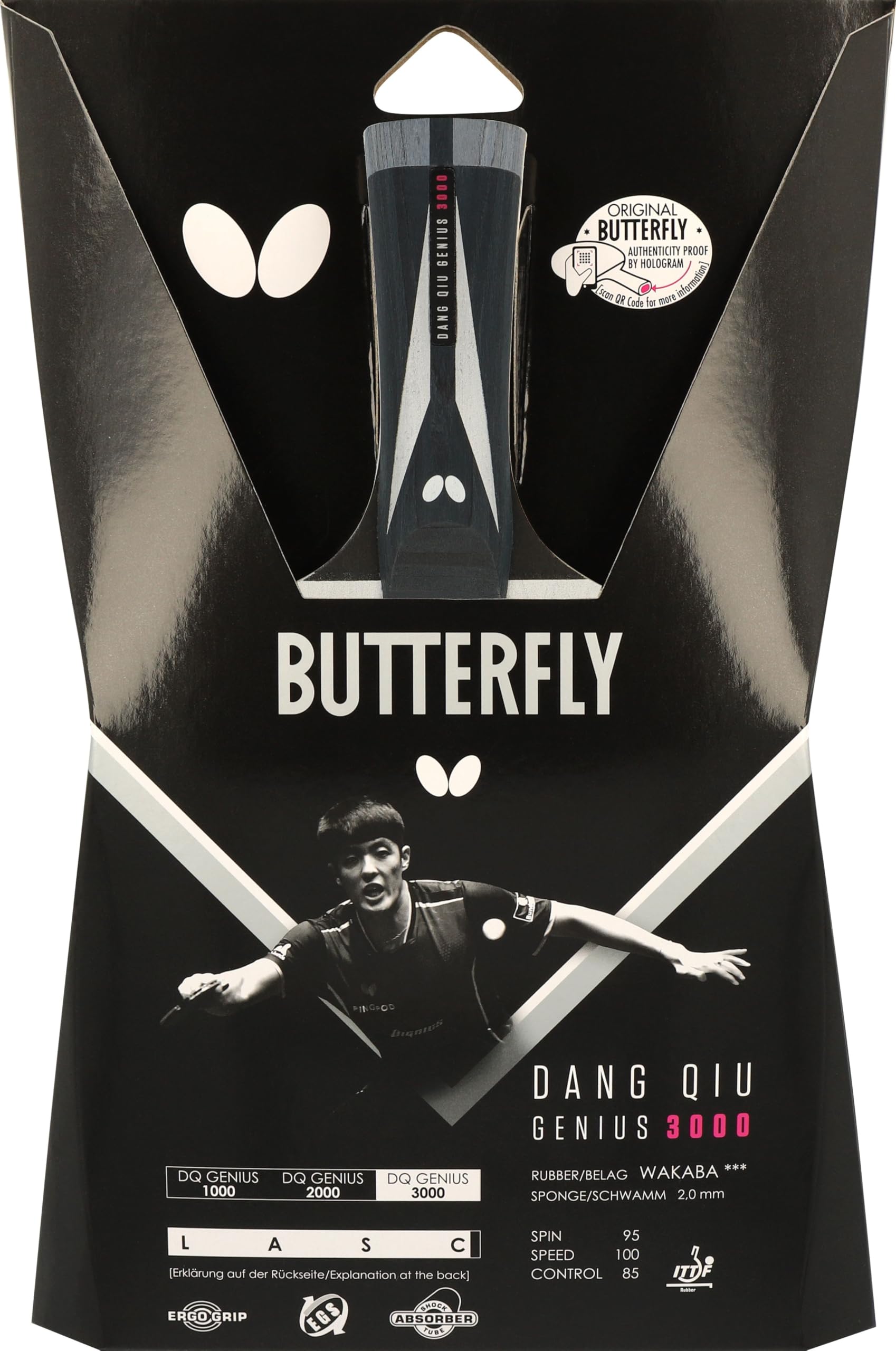 Butterfly® DANG QIU GENIUS 3000 Tischtennisschläger | Tischtennis Racket Bat | ITTF zugelassen | Ergo Grip & Shock-Absorber-Tube | 2,0 mm Wakaba Belag | konkave Griffform | für technisch fortgeschritt