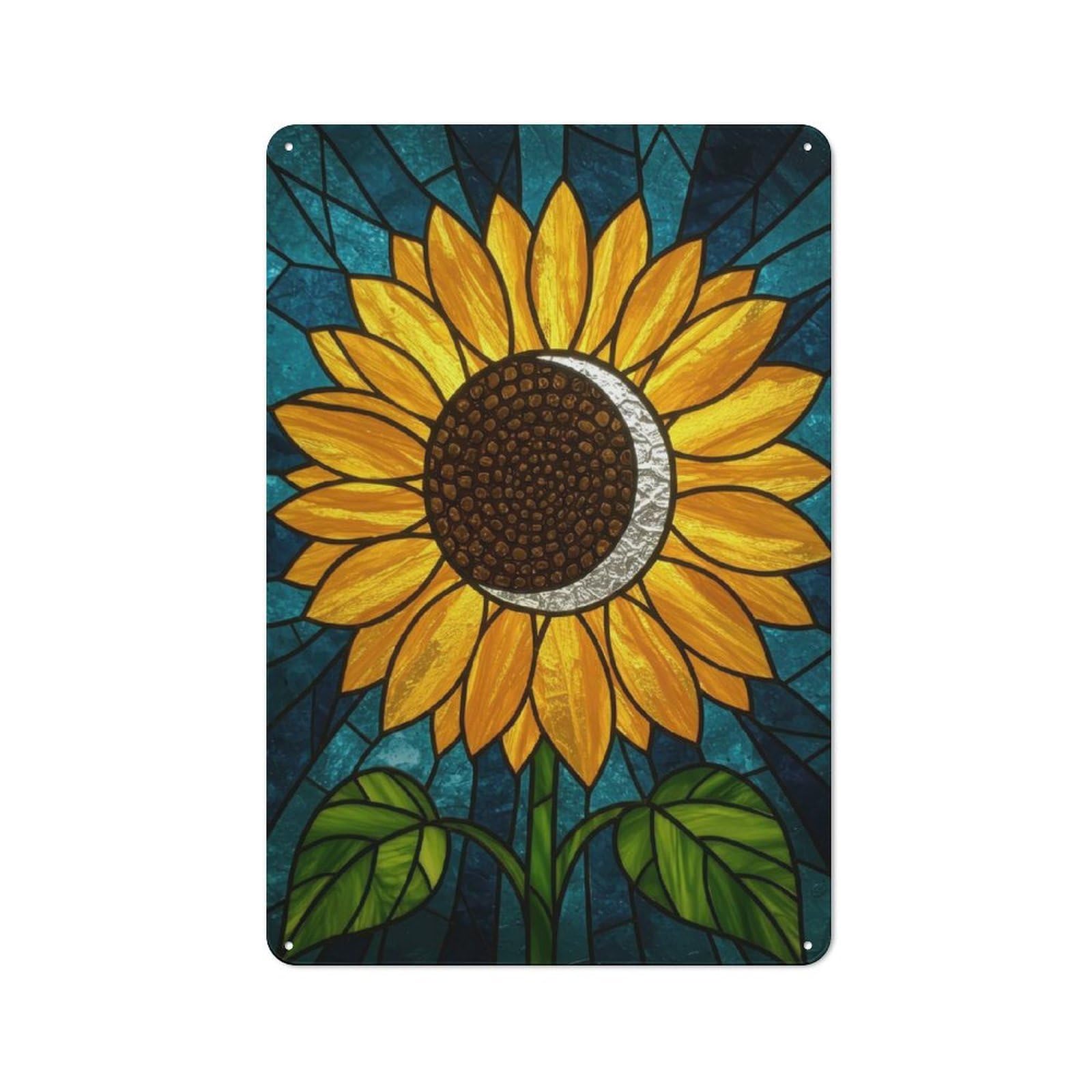 Junmoney Stained Glass Sunflower With Moon Vintage Metal Plaque 30X20cm For Workshop Wall, For Kitchen And Home Bar Decor, For Home Office And Studio Walls
