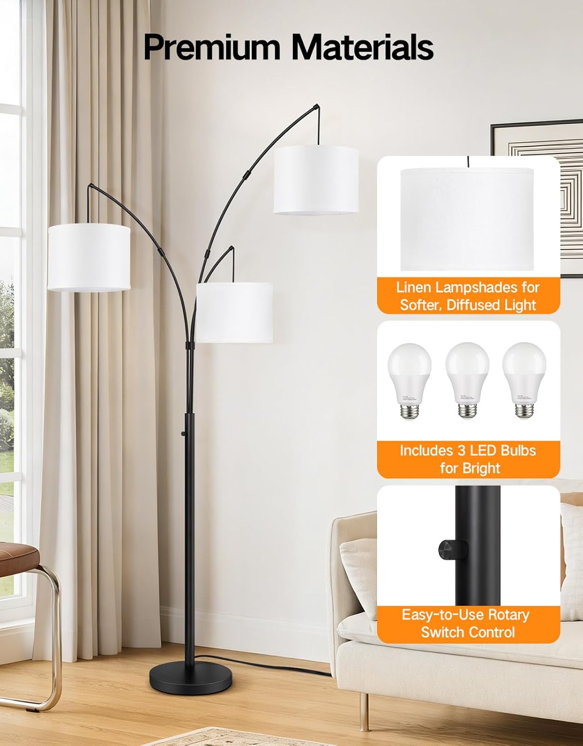 OUTON Arc Led Floor Lamp, Modern Black 3 Light Tall Floor Lamp for Bedroom, 2400lm Mid Century Adjustable Standing Corner Lamps for Living Room Office, 3 LED Bulbs Included, White Lampshade