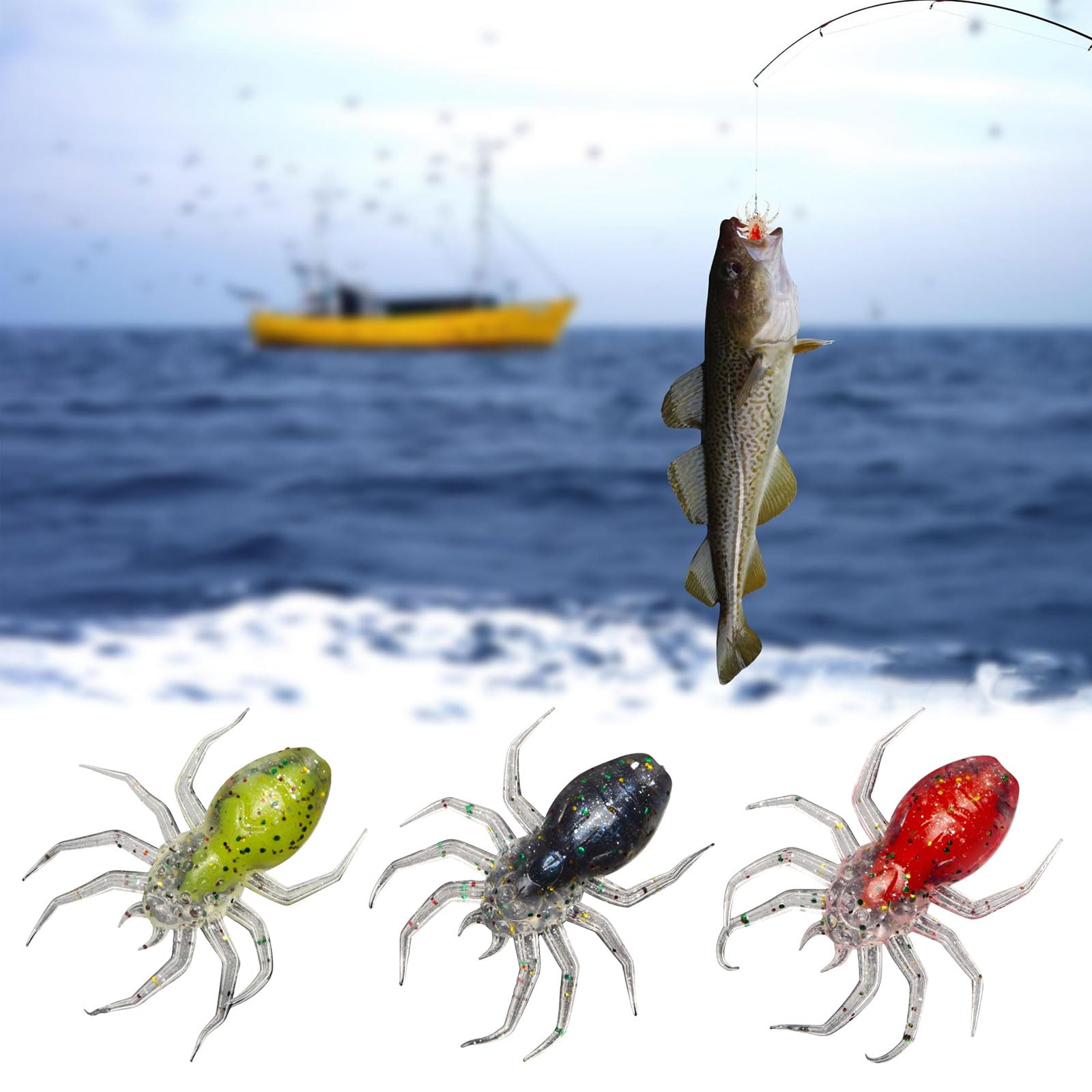Cebos de Pesca, Señuelos de Pesca de arañas Artificiales, Resistentes a picaduras, Lentejuelas Brillantes, cebos Suaves, Suministros de Pesca, 10 Uds.(Green)