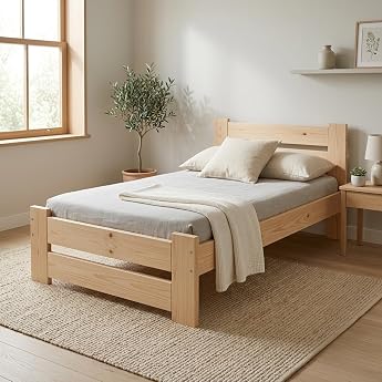 Need Sleep Single Bed 90 x 200 cm Made of Solid Pine Wood - Bed with High Headboard - Sturdy Wooden Bed Including Slatted Frame - Natural