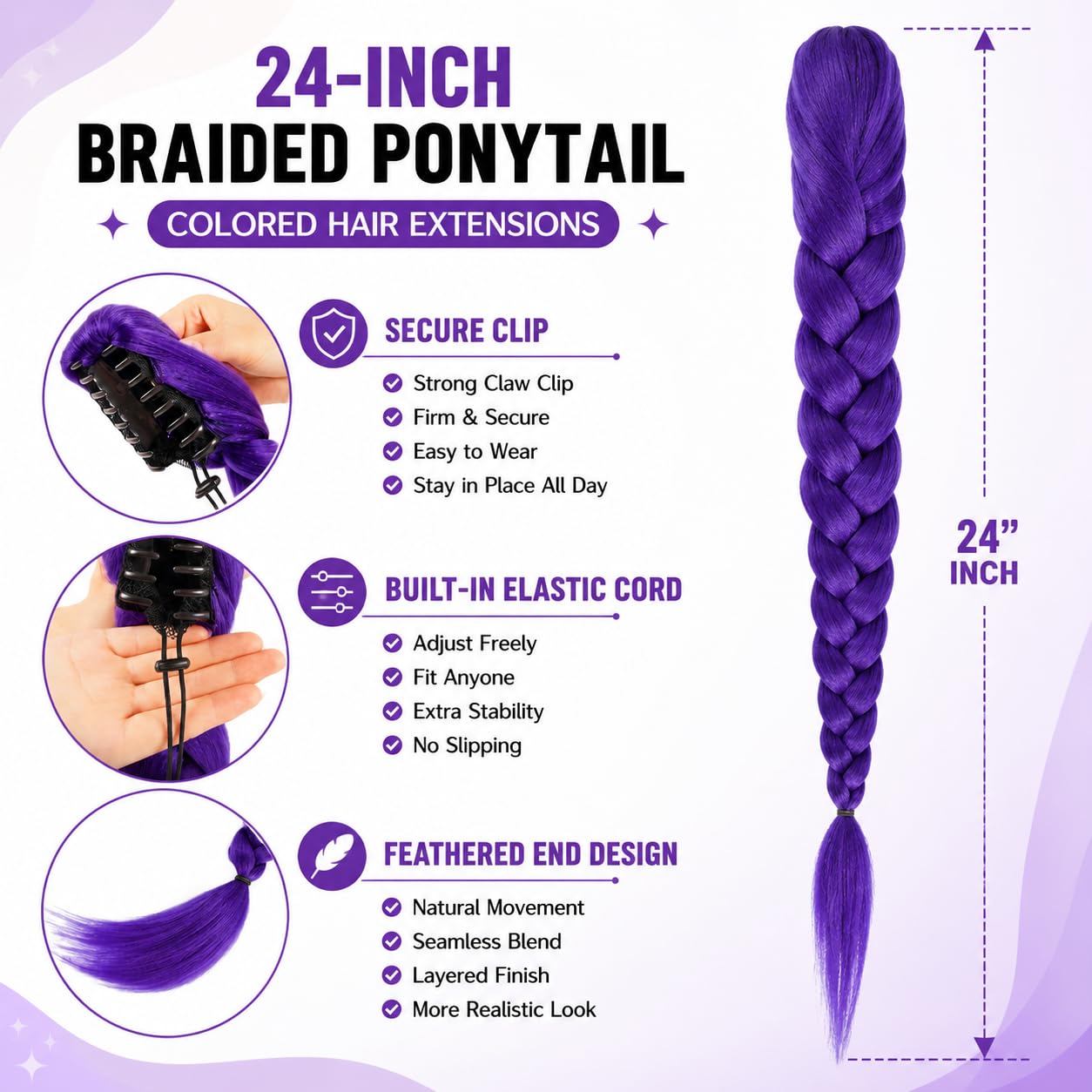 24 Inch Purple Braided Ponytail Hair Extensions for Kids Cosplay Halloween