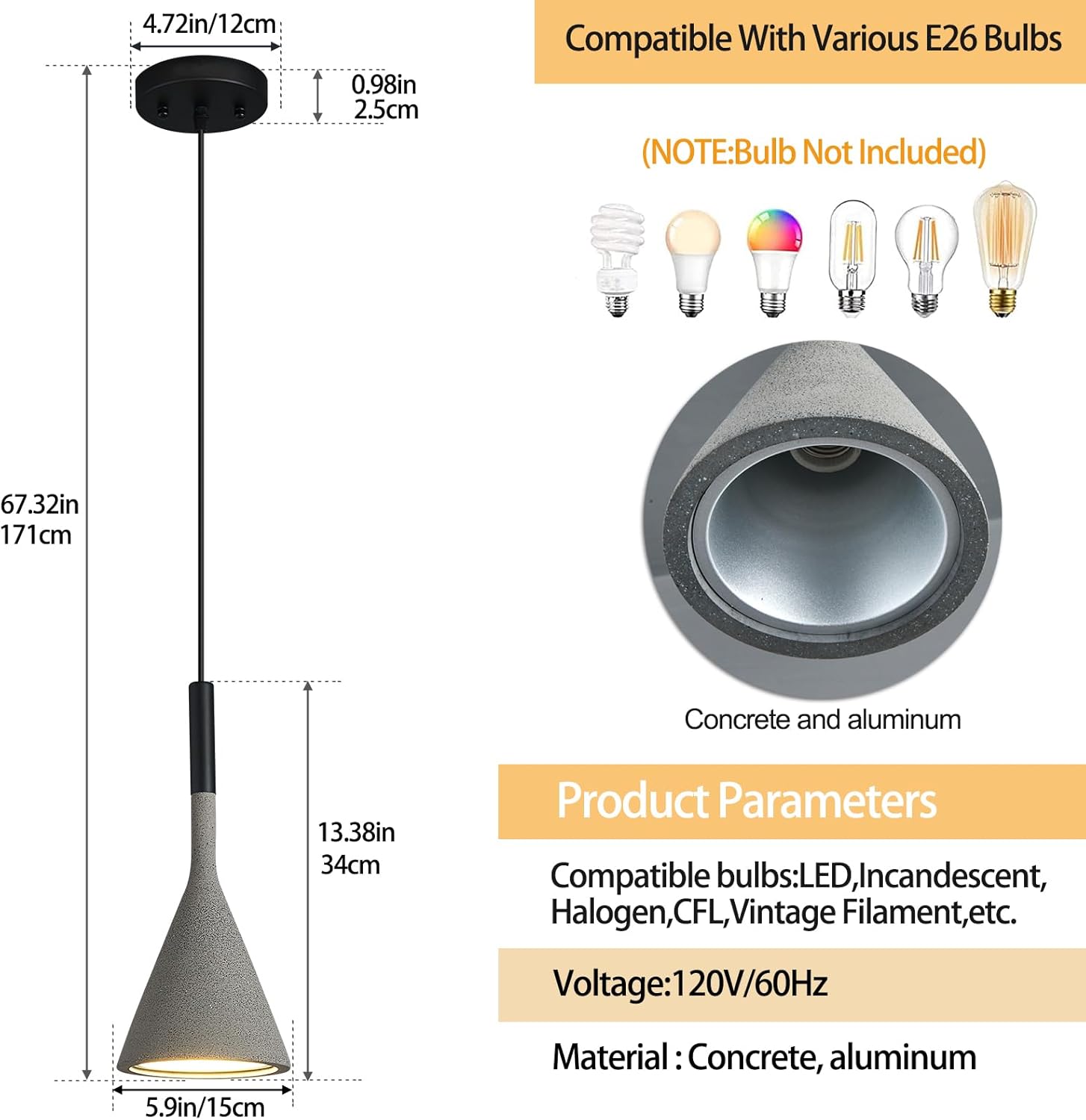 Farmhouse Black Pendant Light Fixtures 1-Light Concrete Industrial Kitchen Island Pendant Lighting for Dining Room Bedroom Hallway Pendant Ceiling Lamp