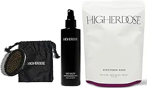 HigherDOSE Supercharge Copper Body Brush, GET Salty Spray, and Serotonin SOAK - Lymphatic Drainage Brush - Topical Sea Salt Spray - Magnesium Bath Soak with Stress Relief Essential Oils & ACV (3 Pcs)