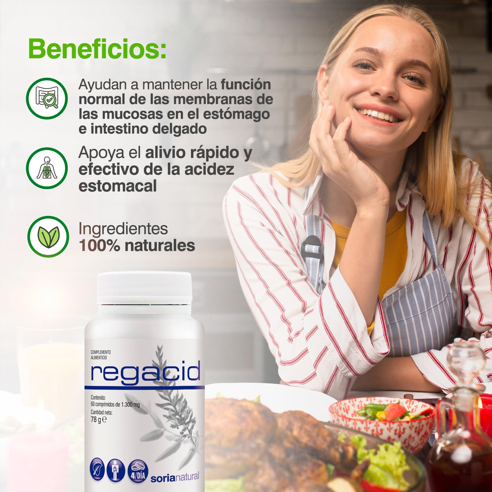 Soria Natural Regacid – Ayuda al Alivio de Acidez – Favorece las membranas de las mucosas en el estómago - Con Extracto Seco de Regaliz Deglicirrinado, Calcio, Potasio, Magnesio - 60 Comp. de 1300mg