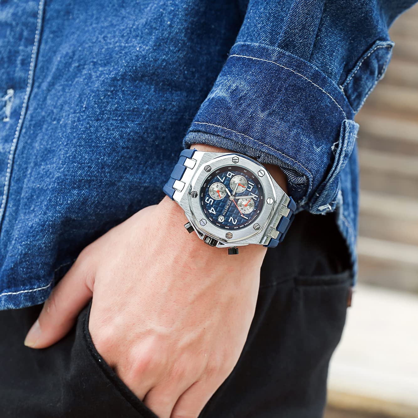 TEINTOP Ochstin precyzyjny chronograf męski zegarek biznesowy męski ośmiokątne zegarki, Srebrny, niebieski, Klasyczny