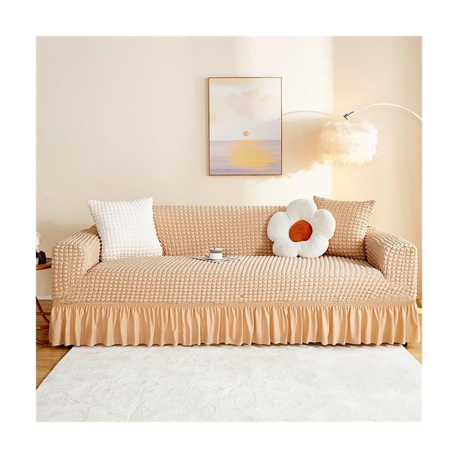 BEIWOSHA Seersucker Sofa Slipcover With Elastic Bottom And Ruffle Skirt, Washable Couch Covers High Stretch Furniture Slipcovers(7,2 seaters(145-185cm))