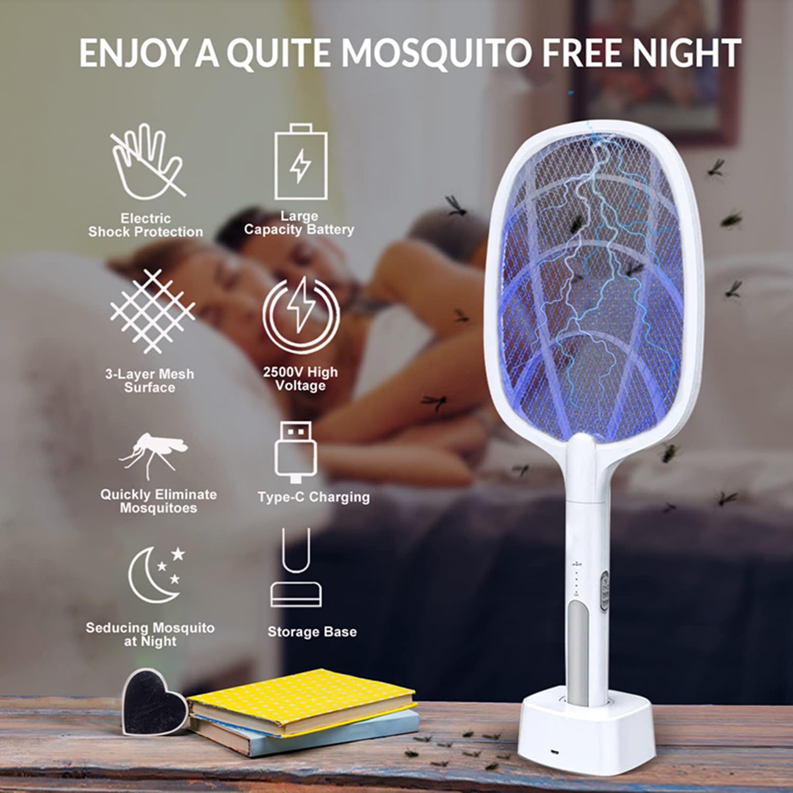 Racchetta Mosche Elettrica 2 in 1, Racchetta Elettrica con Potente Lampada Trappola per Zanzare per uso Interno ed Esterno (2 pezzi)