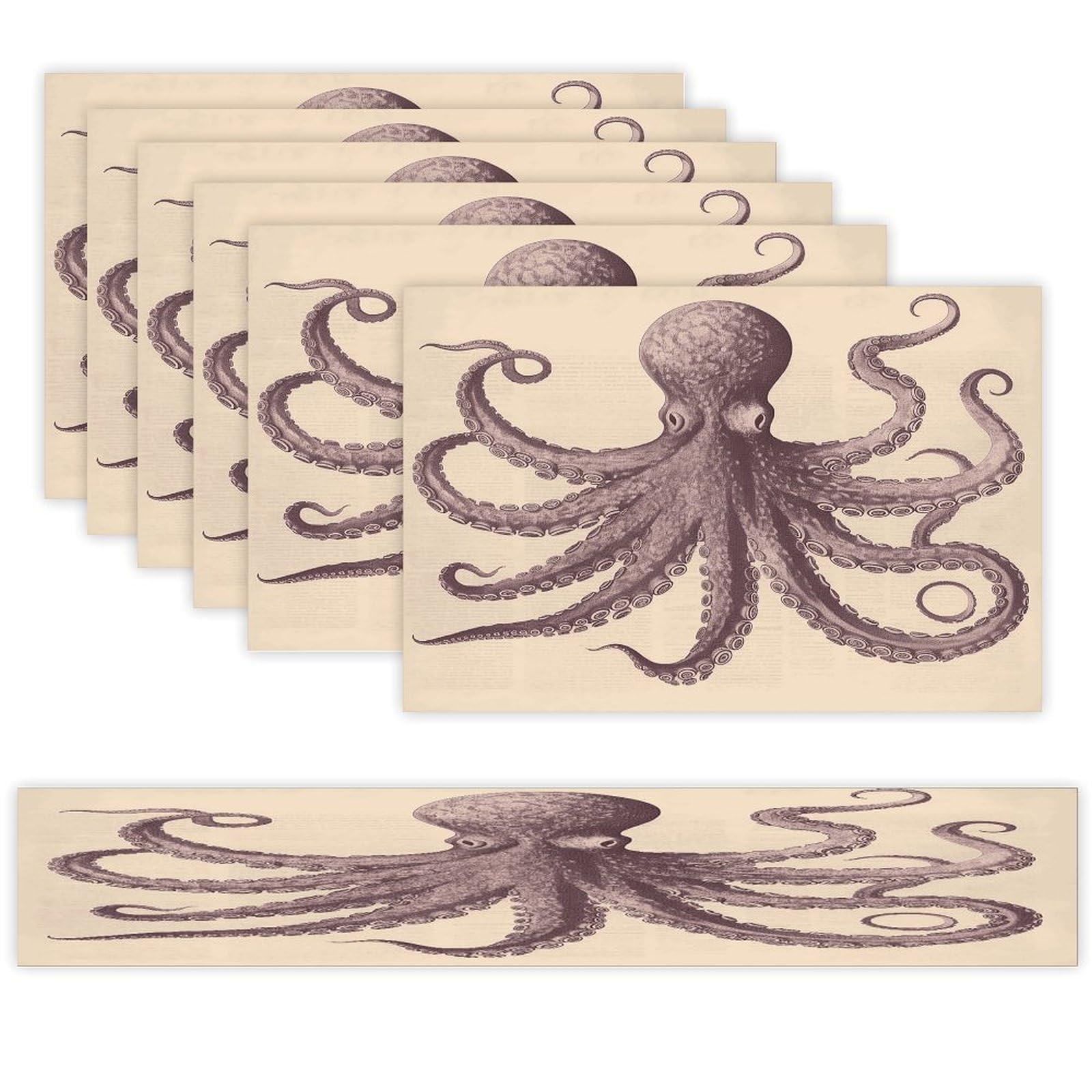 Vintage Octopus Table Runner and Placemats Set of 6 Wipe Clean Heat Resistant Table Mat with Table Runner Decorations Flax Linen Place Mat Set for Home Kitchen Party Supplies
