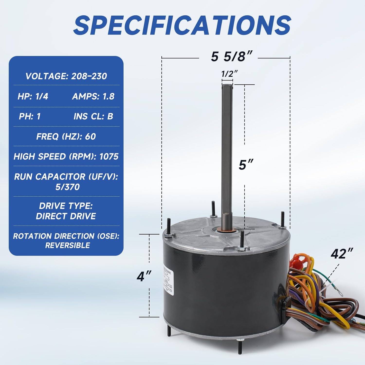 10728 Condenser Fan Motor Replaces Mars 10733, Genteq 3728, A.O. Smith FSE1026S, Fasco D909/ D749, Us Motor 1860, W51-14CJA1-02 etc, Reversible Rotation 1/4 HP 208-230 V 1.8 A 1075 RPM 1 Speed