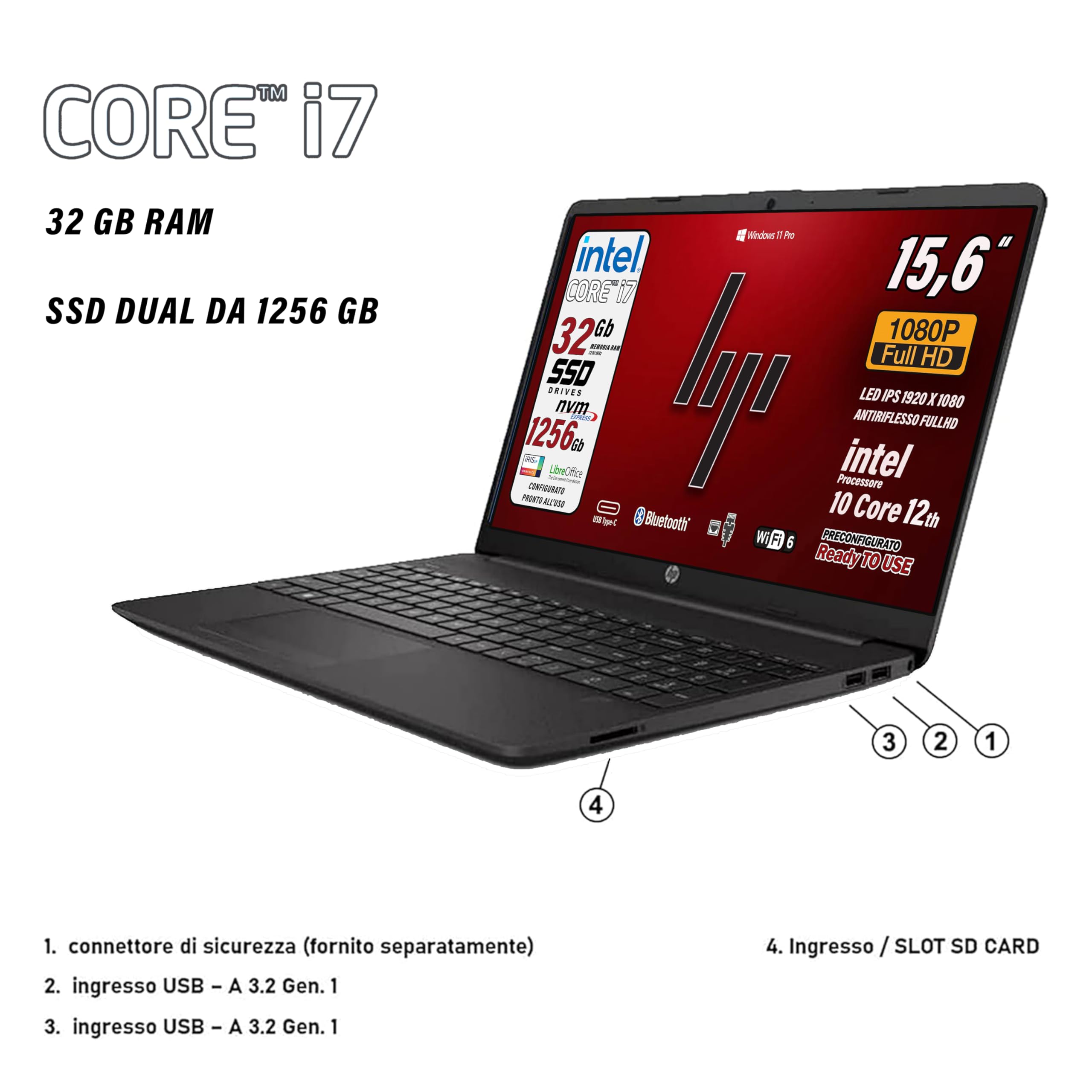 HP 250 G9, Pc portatile notebook, Intel Core i7 12Th, 10 cORe, Ram 32 Gb, SSD Pci Nvme da 256 + SSD da 1Tb, Display IPS 15.6" FullHD IPS, Win 11 Pro, portatile pronto all'uso, Garanzia Italia