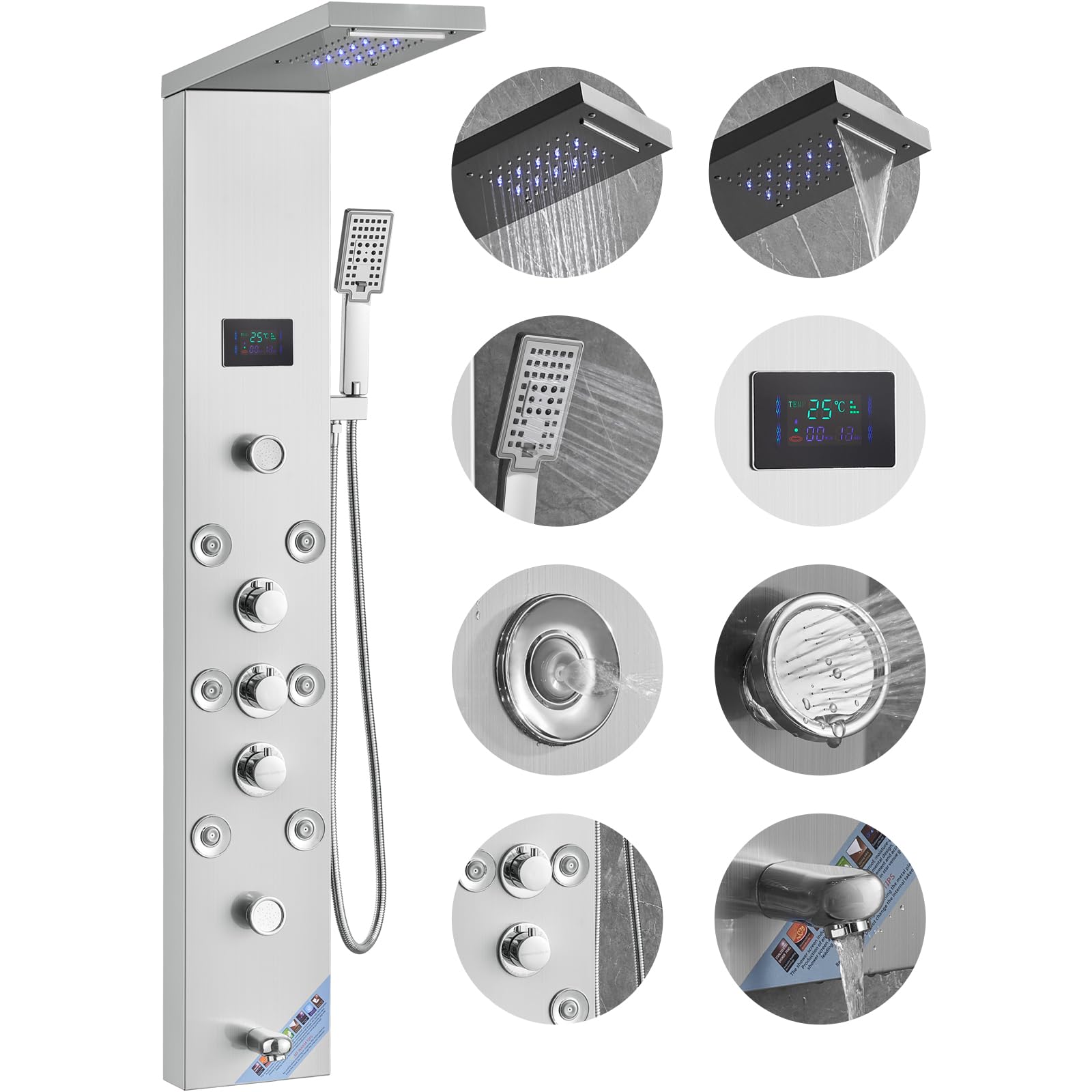 Photo 1 of VEVOR Shower Panel, 6 Shower Modes, LED & Screen Hydroelectricity Shower Tower Panel System, Rainfall, Waterfall, 8 Massage Jets, Tub Spout, Handheld Shower, Stainless Steel Wall-Mounted Shower Set 6 Shower Modes 8 Massage Jets