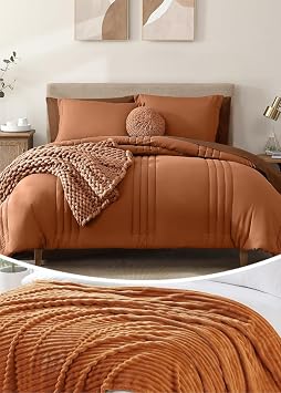 Monbix 7 Piece Solid Comforter Sets and Fleece Throw Blanket Bundle