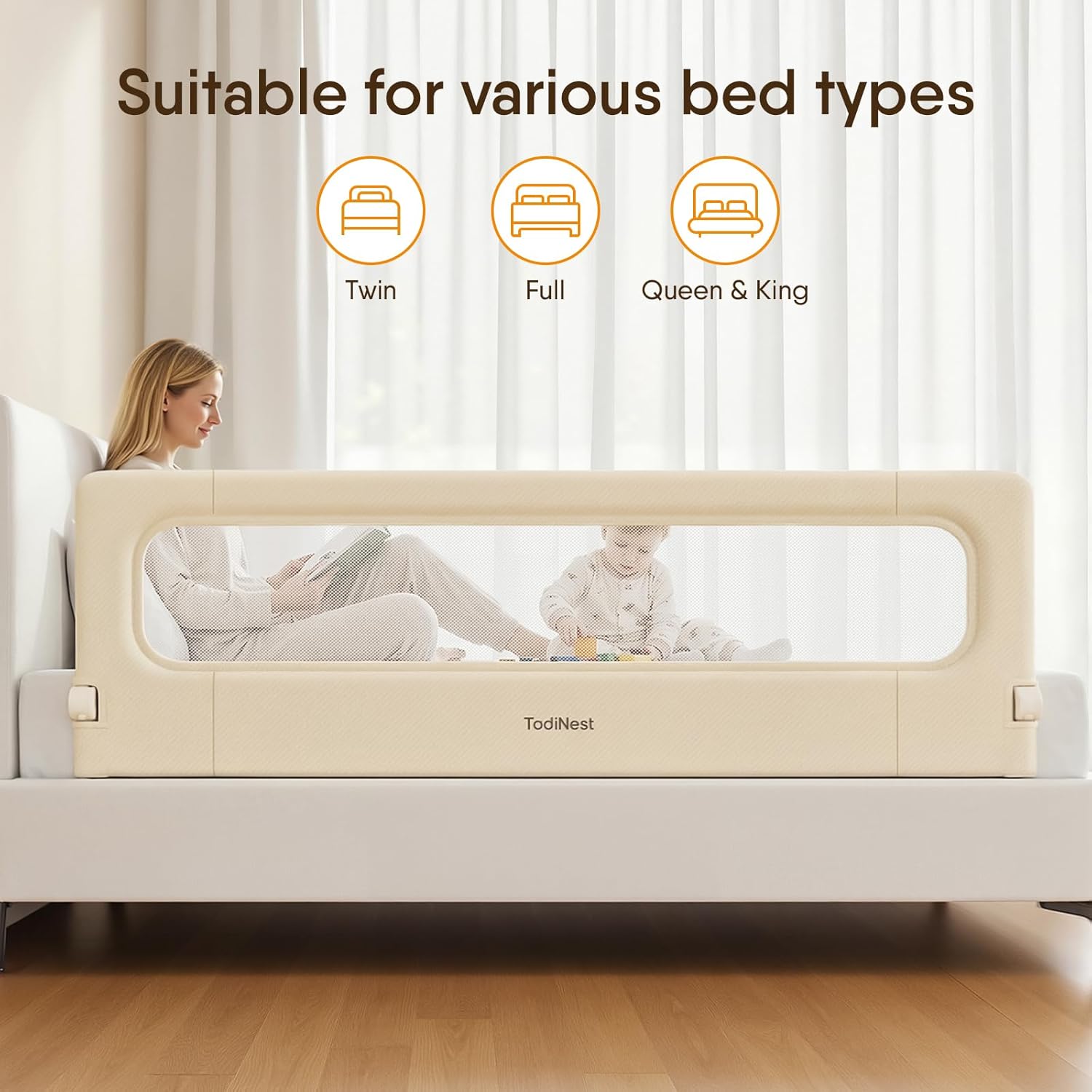 Folding Bed Rail for Toddlers, Baby Bed Rail Guard with Reinforced Anchor Safety System, Toddler Bed Rails for King Size Beds, Twin, Full, Queen (Khaki, 71" L x 21.6" H)