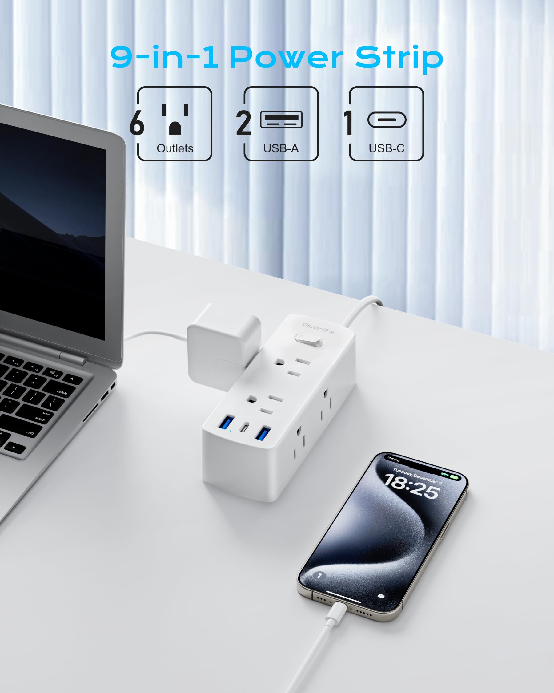 Adaptador de enchufe de viaje europeo, Olcorife con adaptador de enchufe de la UE Reino Unido, 6 tomacorrientes 3 puertos USB con cable de extensión de 5 pies, adaptador de corriente internacional