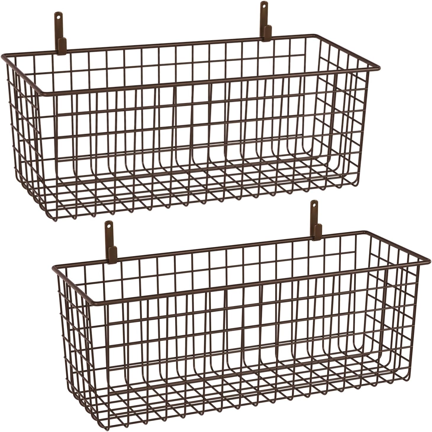 2 Sets Extra Large Hanging Wall Basket, Brown Metal Wire Baskets with Steel Hooks for Organizing, WallmountedFruit Vegetable Toy Snack Storage, Home Kitchen Bathroom Laundry Pantry Organizer