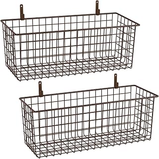 Kinlink 2 Sets Brown Extra Large Hanging Wall Basket with Steel Hooks | Metal Wire Baskets for Organizing, Wallmounted Fruit Vegetable Toy Snack Storage, Home Kitchen Bathroom Laundry Pantry