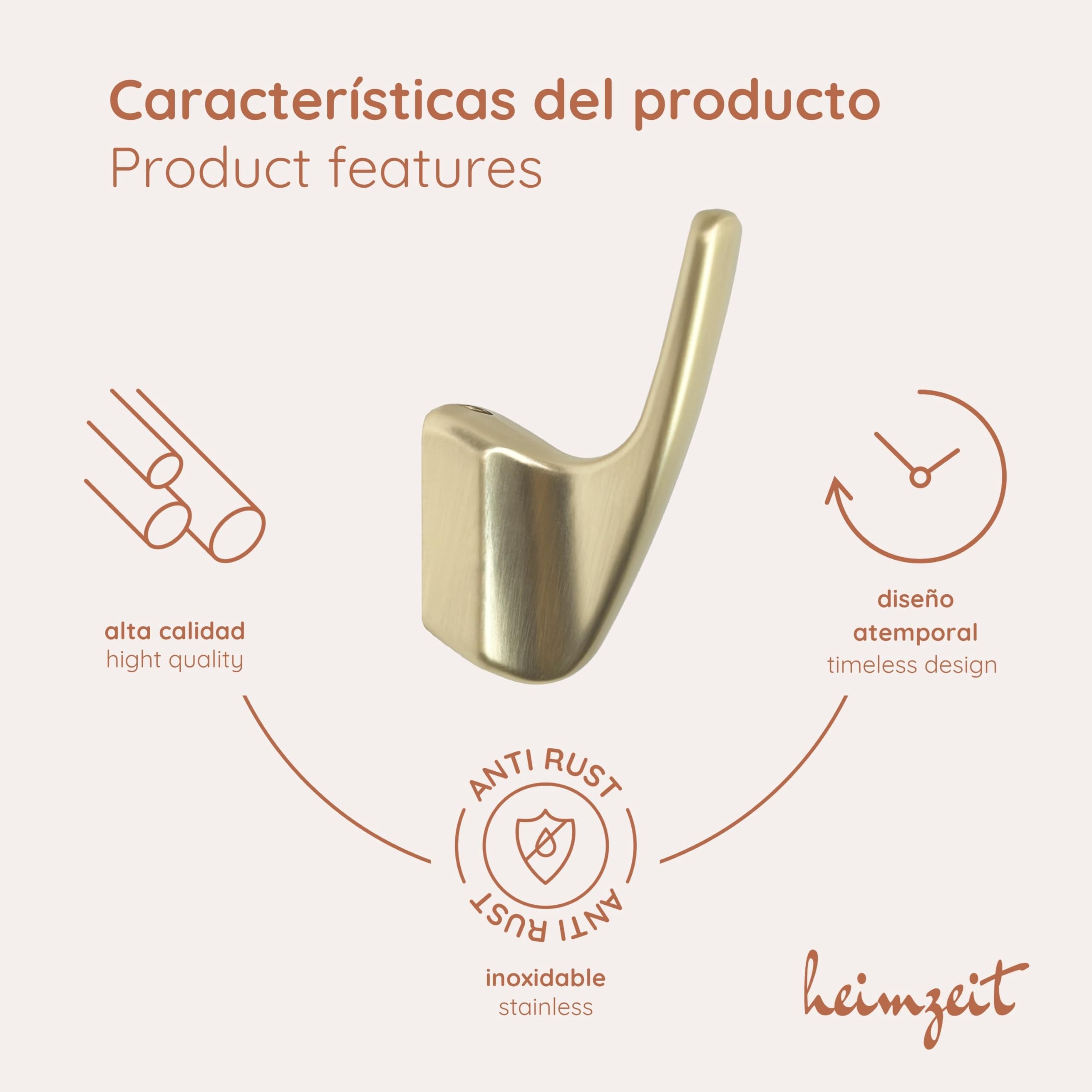 Ganchos de Pared Curve para Atornillar 4 Unidades en Oro, Perchero de Pared para Armario, Chaqueta, Toalla, Mochila y Ropa, Diseño Moderno, Ganchos Metálicos para Perforar
