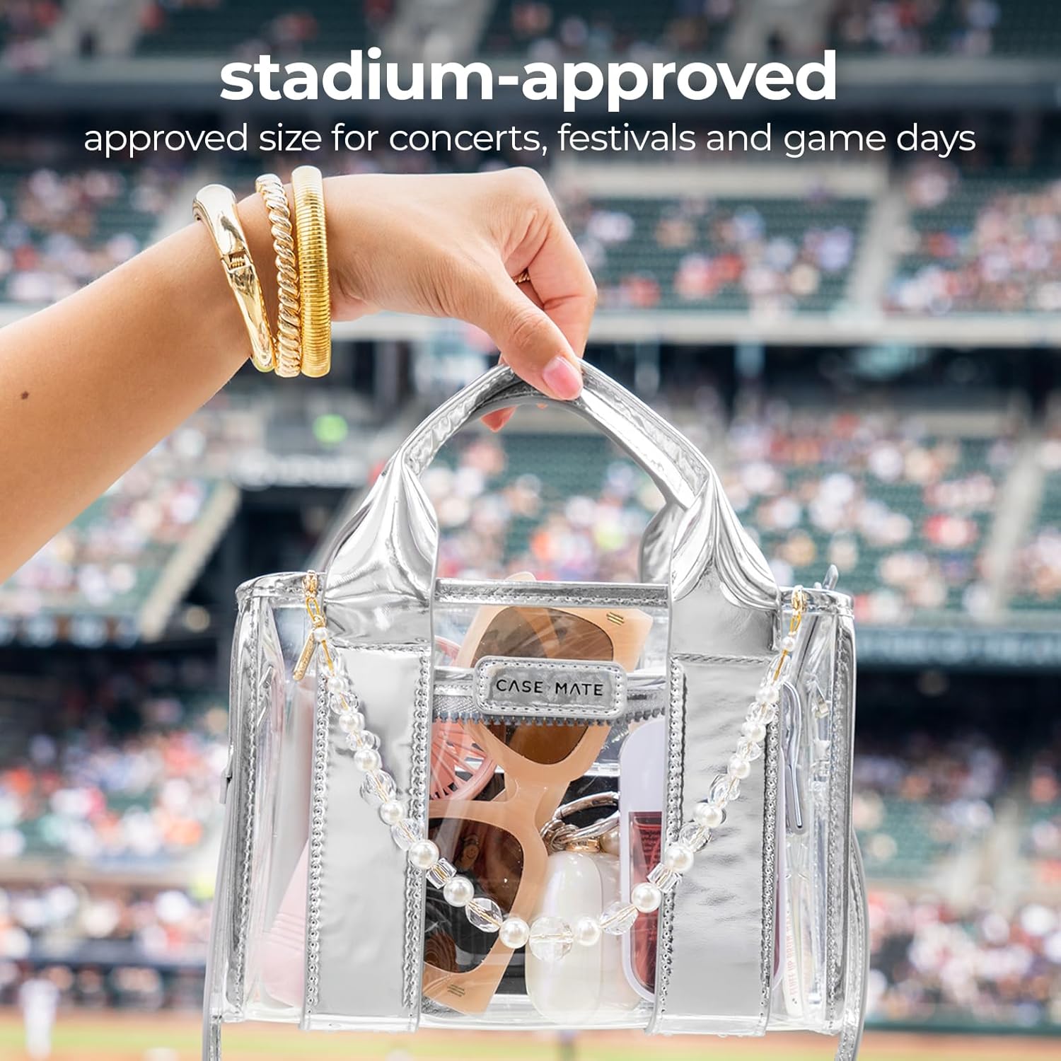 Case-Mate Jelly Stadium Bag for Women - Clear Tote Bag for Stadium Events - Silver Chrome/Clear Mini Purse with Crossbody Strap - Water-Resistant Tote Handbags for Keys, Phone, Wallet & Sunglasses