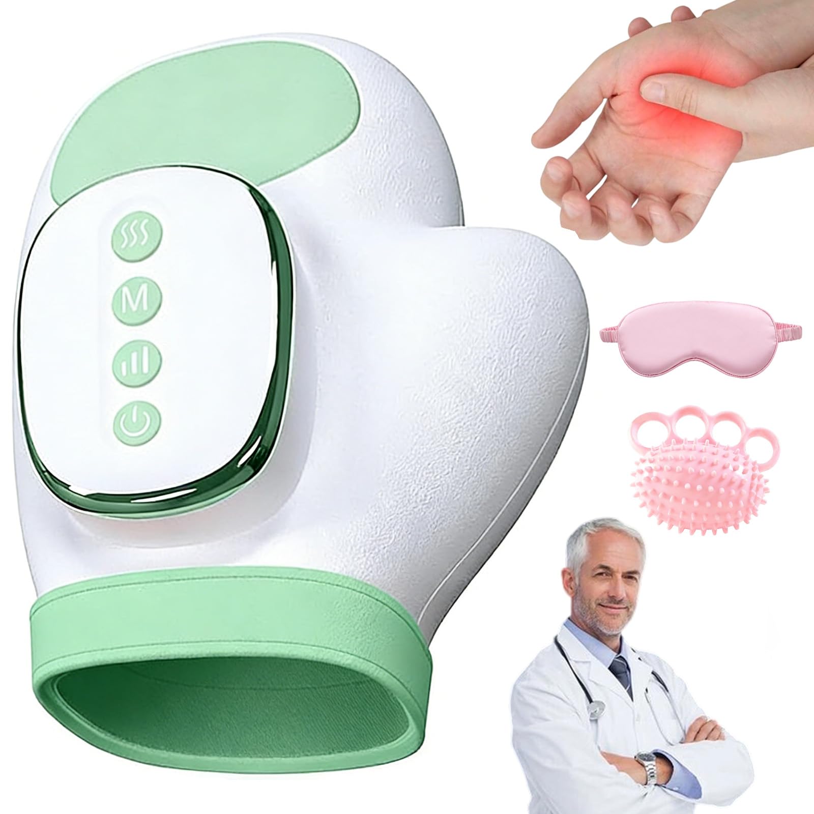 Handmassagegerät mit wärmefunktion,HandmassagegeräT,Mit Kompression&Heizung,USB Kabelloses HandmassagegeräTs,3 Massagemodus,3 Temperaturen,5 Presse FüR Linderung Von Arthritis,Handkrankheiten (Grün,B)