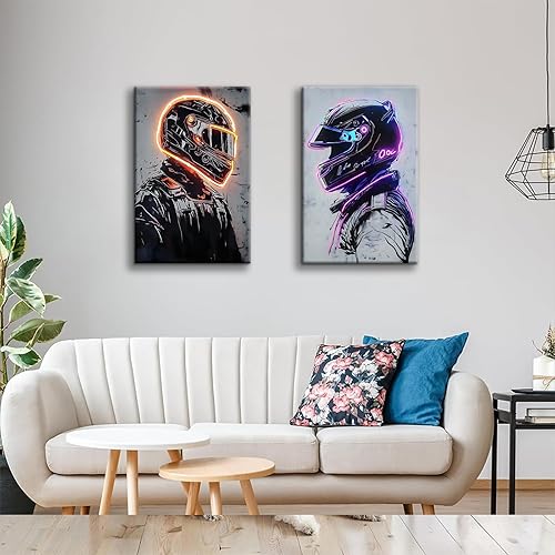 Miniatura 2 de 2 piezas de neón de carreras de piloto de carreras en lienzo para decoración de pared de casco de carreras, póster de habitación de niños,