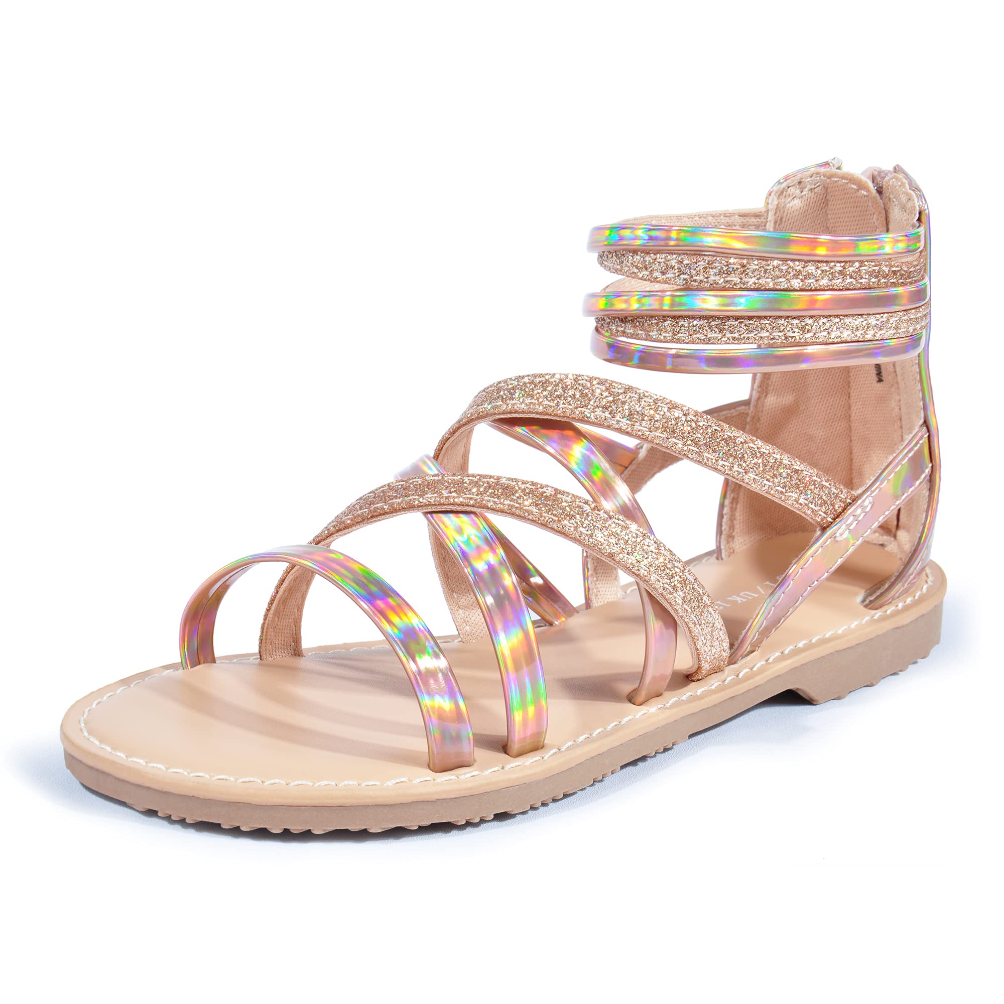shoeslockerGirls Gladiator Sandals Summer Flat Open Toe Shimmer Shoes Strap Ankle Sandals with Back Zipper for Little Kids Big Kids