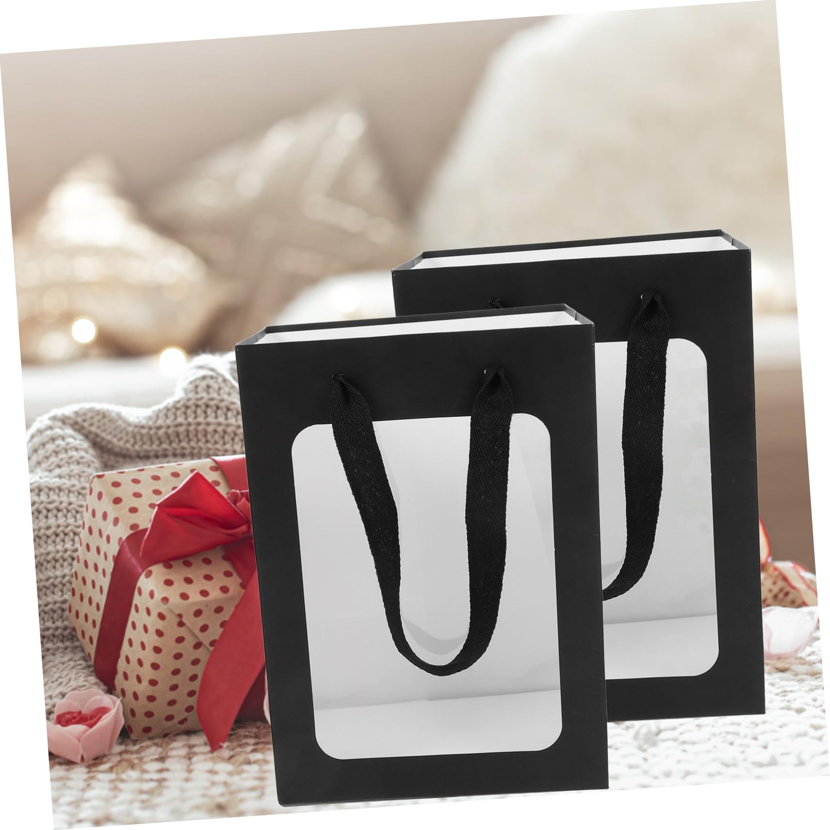 Schwarze Geschenktüten mit Fenster und Henkeln, 12 Stück, Papier