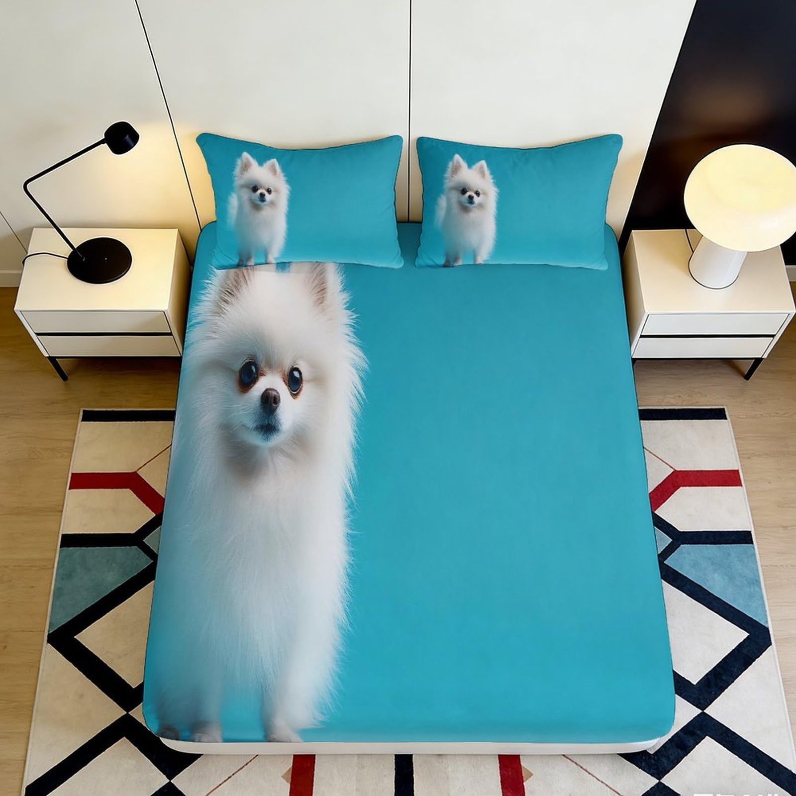 Uxinyoume Style-5 3D Printed White Pomeranian Fitted Sheet Microfiber Anti-Slip Blue Dog Bed Cover For Bedroom Guest Room Decor 90X200x25cm