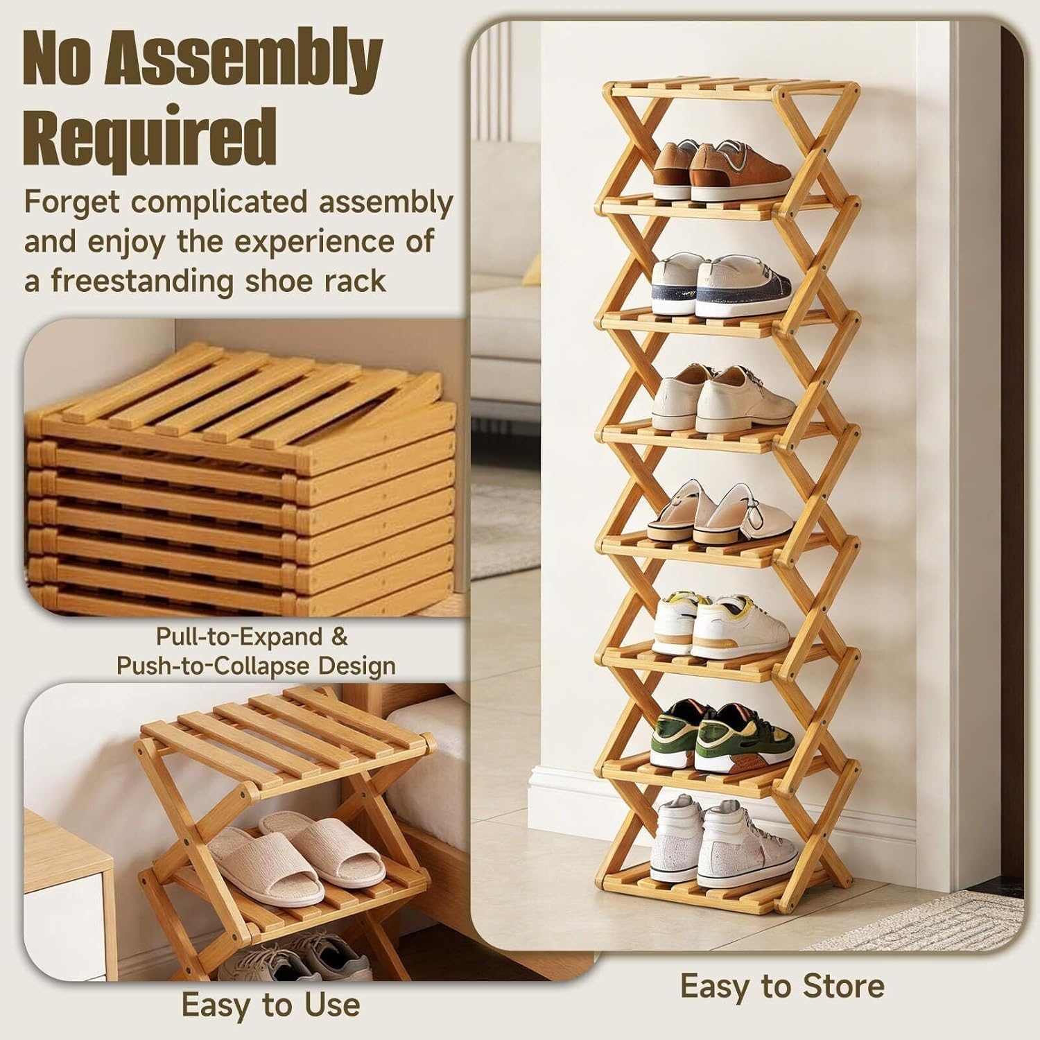 The 9-Tier Foldable Bamboo Shoe Rack, No-Tool Assembly Wooden Shoe Shelf for Entryway, Tall Skinny Standing Shoe Organizer with Collapsible Design for Small Spaces, Narrow Vertical Shoe Storage Rack