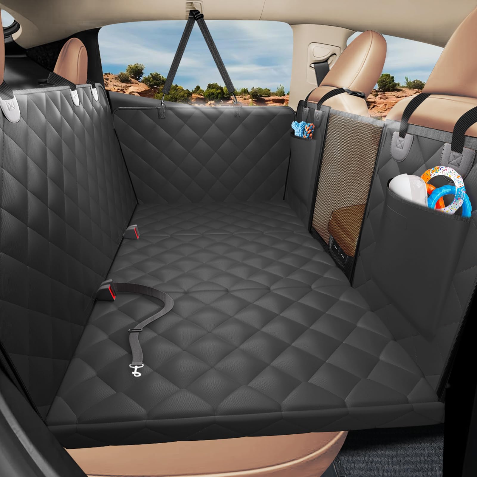 ROUWINNE Back Seat Extender for Dogs-Upgraded Egg Crate Foam, Soft Dog Car Seat Cover Holds 420lbs, Sturdy Backseat Extender for Dogs, Waterproof Pet Car Bed Dog Hammock for Car, SUV, Truck