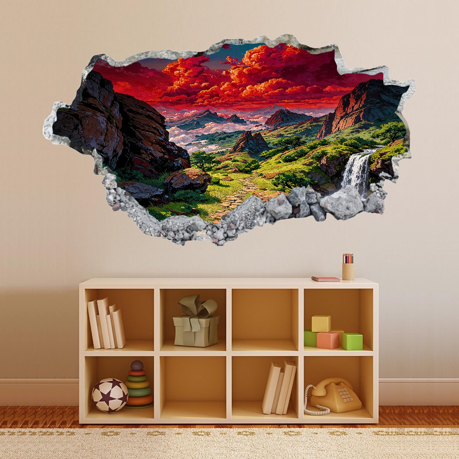 3D Wandtattoo Wanddurchbruch Wandaufkleber Berglandschaft Rote Wolken Wandsticker Wanddeko Wandbilder, Selbstklebend Wand Aufkleberfür Wohnzimmer Schlafzimmer Badezimmer Aufkleber 60x105cm