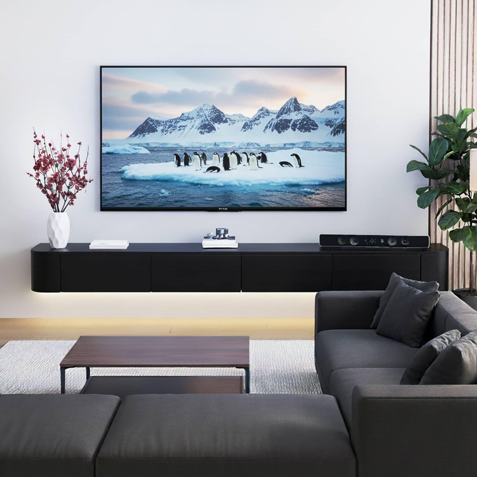 TV Lowboard Wall-Mounted tv Cabinet Tv Schrank schwebend-Schwarz+LED-Lichtleiste