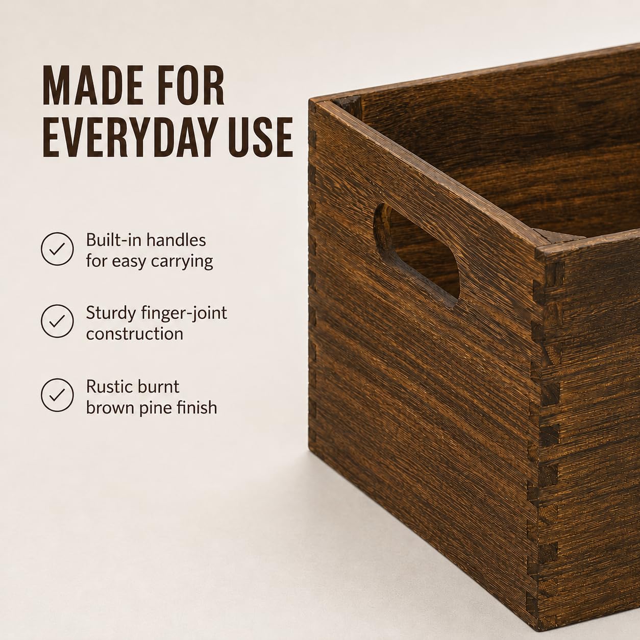 Cajas de madera para exhibición, paquete de 5 cestas de madera rústicas extragrandes con asa, caja de madera de granja para almacenamiento y contenedor, cesta de madera multiusos para