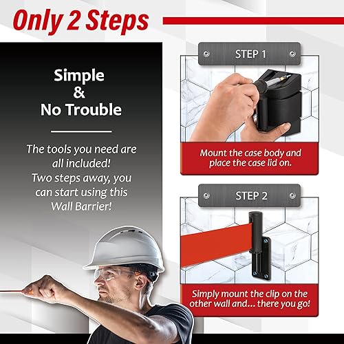 Miniatura 6 de DuraSteel Barrera retráctil para cinturón de montaje en pared, cinturón de seguridad rojo de 6.5 pies en carcasa negra resistente, Guardian 2.0 para