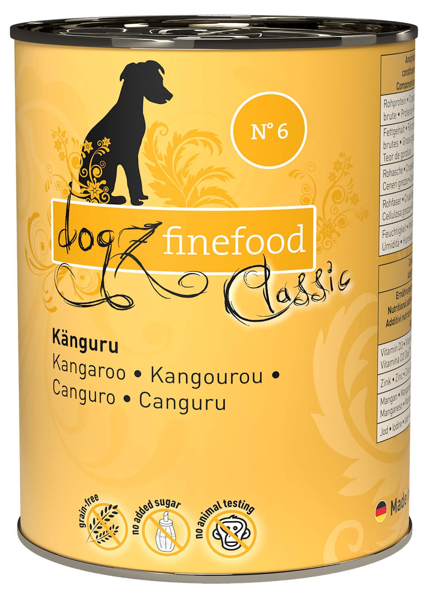 dogz finefood Comida húmeda para Perros – N° 6 Canguro – Comida Fina húmeda para Perros & Cachorros – sin Cereales & sin azúcar – Alto Contenido de Carne, 6 x 400 g Lata