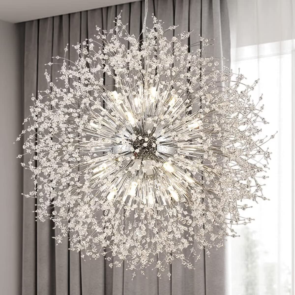 NHPJFDC Silver Dandelion Chandelier luminaire, 24 Lights - 40 inch Diameter, LED G9 Bulbs Included, Oversized Large Hanging Chandelier luminaire (Silver 24 Lights)