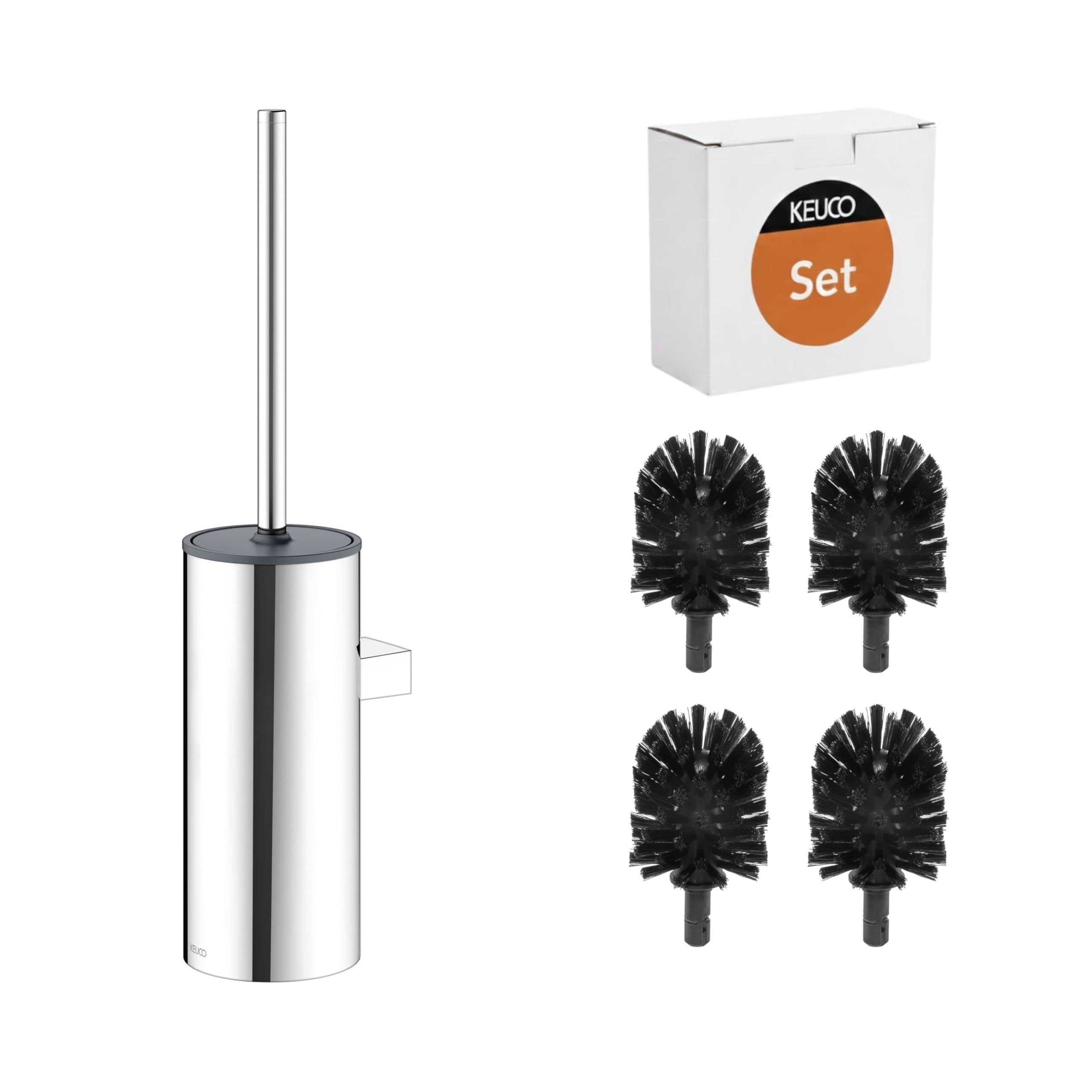 KEUCO Moll Set aus WC-Bürstengarnitur & 4 Bürstenköpfen, Wandmodell, Chrom | Bürstengarnitur mit Metallgehäuse und Bürste, Ersatzköpfe schwarz, inkl. Schrauben und Dübel, Bürstenhalter mit Klobürste