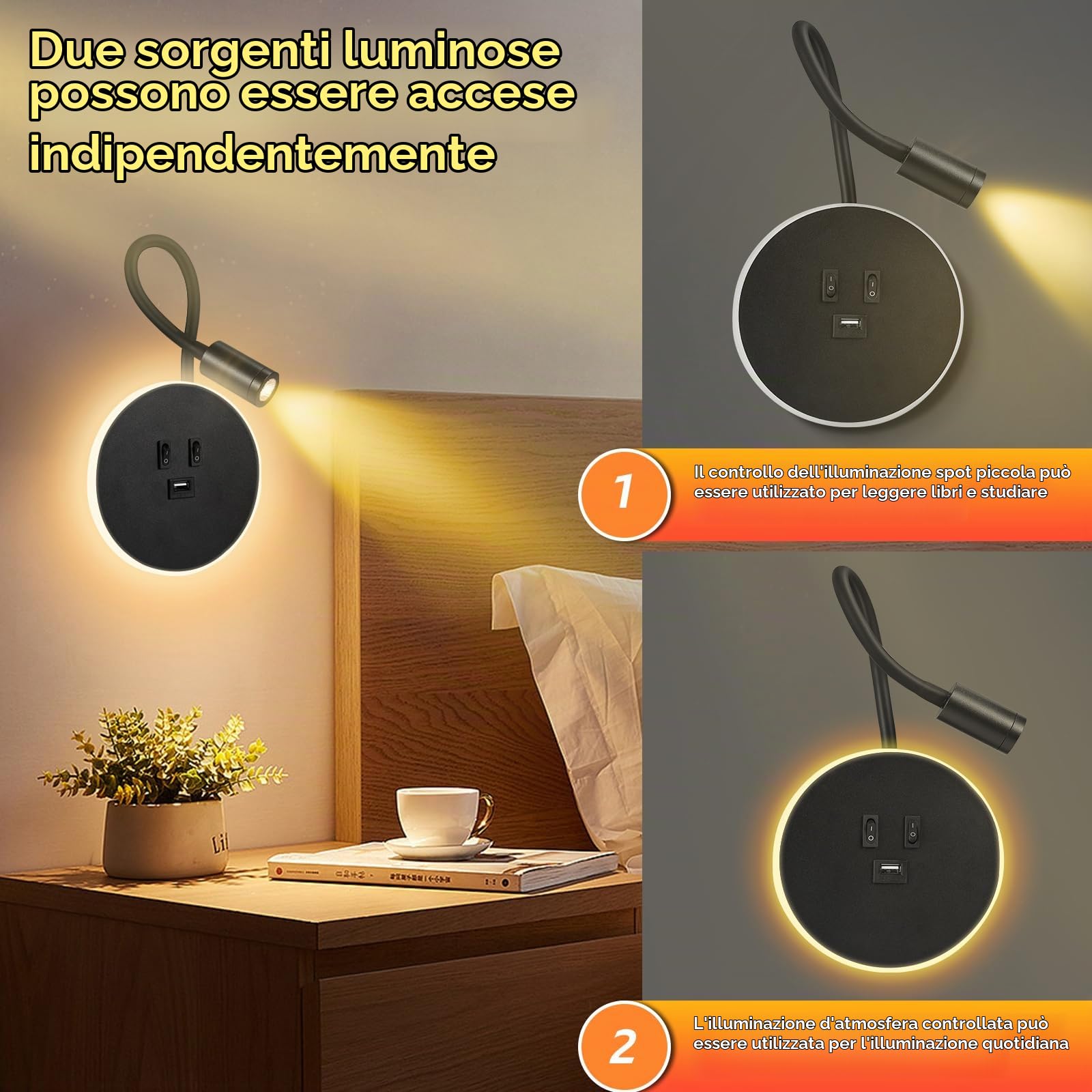 2pcs Lampada da parete a LED, lampada da lettura sul comodino a collo di cigno, applique regolabile sul comodino, con porta di ricarica USB, applique da parete per corridoio(luce calda 3W+9W) (Nero)