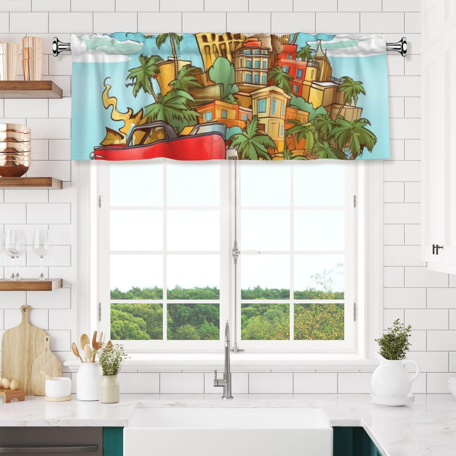 NONHAI Island of Cuba Valances for Windows Short Curtains Rod Pocket Cafe Window Treatments Valance Curtains for Kitchen Bathroom Laundry Basement Windows 54x18inch Blackout Window Valance