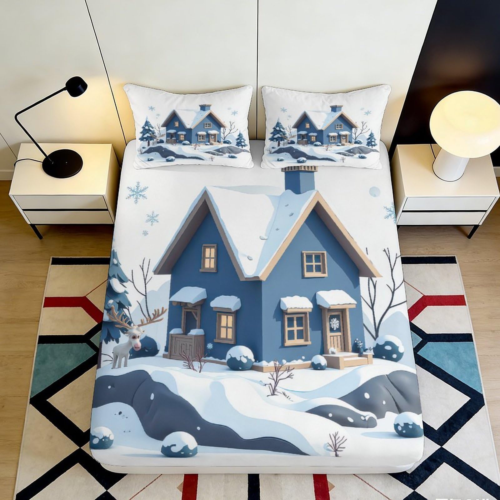 3D Printed Winter House Fitted Sheet Microfiber Soft Breathable Snow Scene Bed Cover for Bedroom Dormitory Guest Room Mattress Protection Decor 180x200x25cm